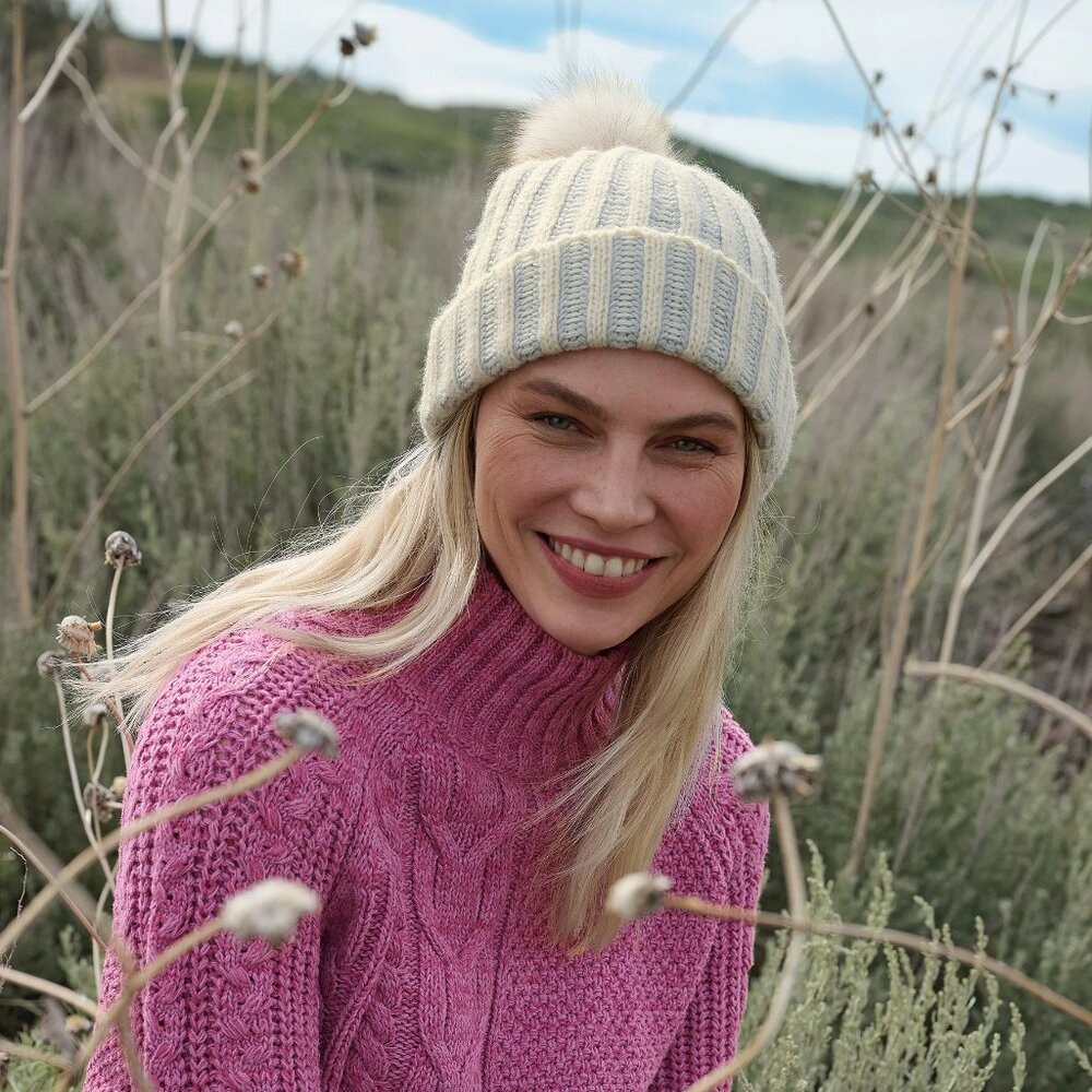 Sundance Mathilda Beanie Faux Fur Pom-Pom Women's OS Ivory Grey Wool Blend Knit